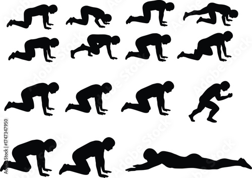 Cad drawing flat vector illustration, silhouette of man crawling, exercising, training and movement sequence, fitness body posture workout isolated 