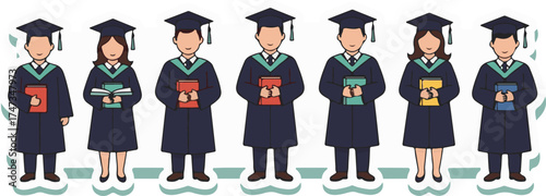 Flat Design Illustration of Diverse Students in Graduation Caps and Gowns