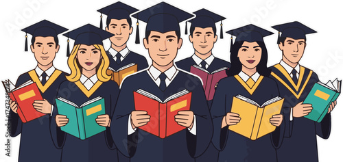 Stylized Vector Illustration of Diverse Graduates Holding Books