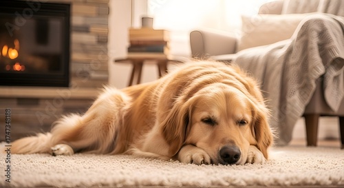 Wallpaper Mural Golden Retriever Resting Comfortably Near Fireplace, Warm Lighti Torontodigital.ca