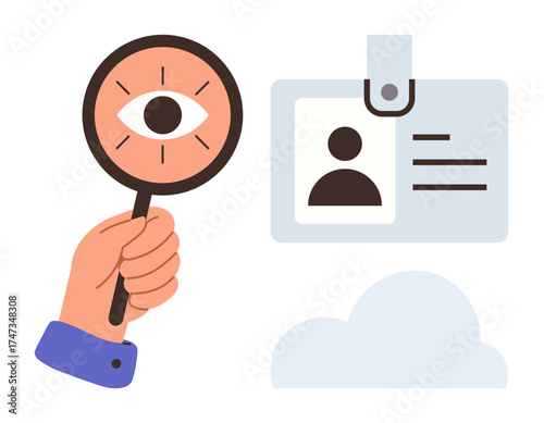 Hand holding magnifying glass inspecting ID card with profile photo and details. Ideal for security, identification, privacy, data protection, online safety, verification, personal information
