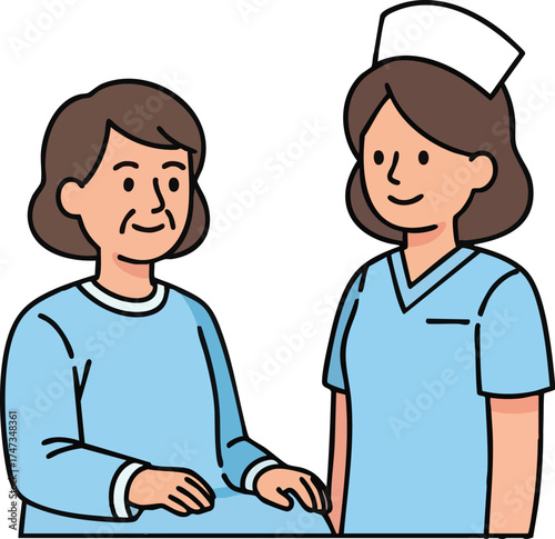 Caring female nurse providing support to an elderly patient.