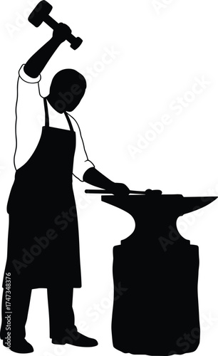 Blacksmith silhouette working with hammer and anvil, craftsman forging metal in workshop, vintage labor concept vector illustration for design