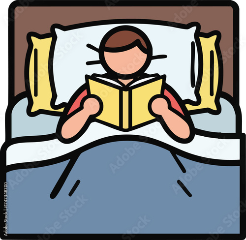Illustrated person relaxing in bed while reading a book.