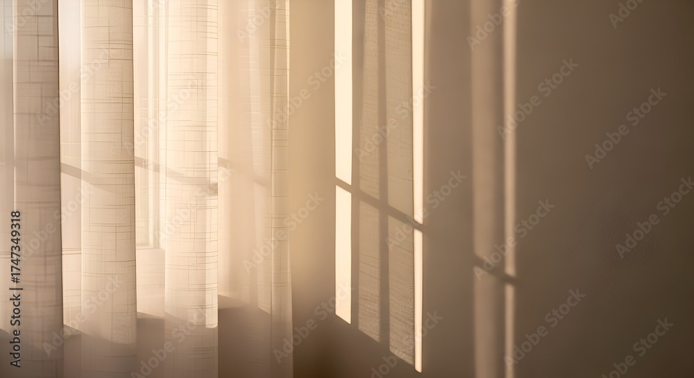 Fototapeta premium Soft Sunlight Illuminates Sheer Curtains and Creates Window Shad