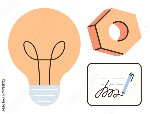 Light bulb for innovation, hexagonal nut for mechanics, pen signing a document for closure. Ideal for innovation, creativity, engineering, design, process strategy productivity. Simple flat