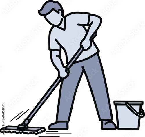 Man mopping the floor with a bucket nearby.