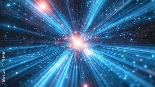 A vibrant starburst with blue and red colors against a dark black background