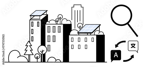 Buildings with solar panels, trees, and a magnifying glass emphasizing translation and communication cycles. Ideal for sustainability, urban planning, renewable energy, global reach, technology