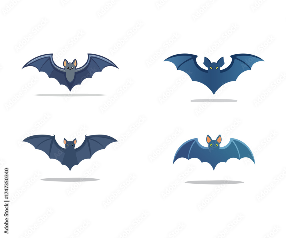 Naklejka premium Four stylized illustrations of bats with outstretched wings, each with a unique design.