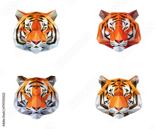 Four geometric low-poly tiger head illustrations in various styles, showcasing abstract polygonal art of the majestic animal.
