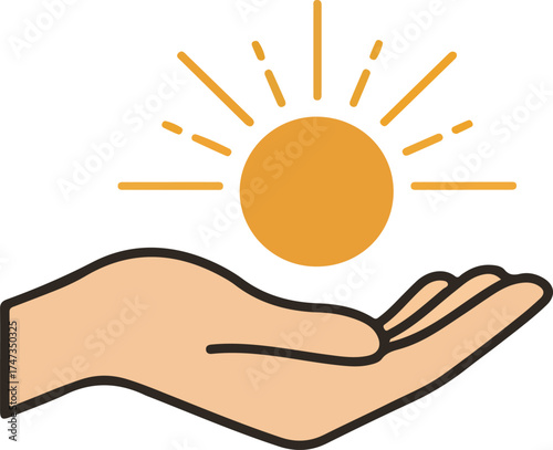 Hand holding a shining sun icon, representing solar energy, renewable power, warmth, hope, and environmental care concept