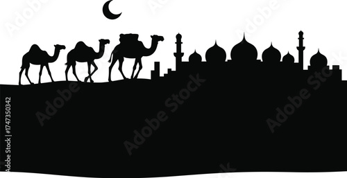 Desert camel caravan silhouette with Islamic city skyline, crescent moon night scene, Middle Eastern travel culture vector illustration art