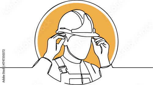 Minimalist continuous line art drawing of a construction worker, engineer, or architect putting on a hard hat. Simple safety icon or concept illustration.