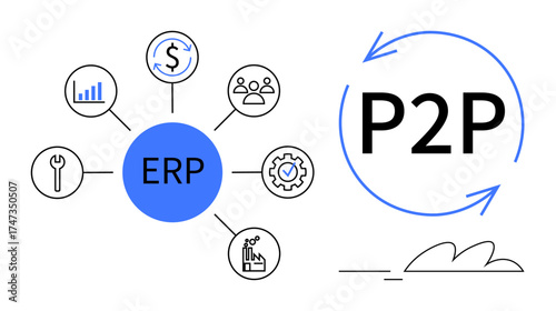 ERP system core highlighted with icons for analytics, finance, teamwork, tools, settings, production linked to P2P cycle. Ideal for business, management, automation workflow operations supply
