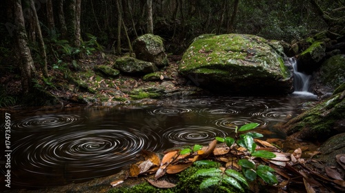 dappled. Forest stream water flowing around a mossy rock, creating whirlpools...