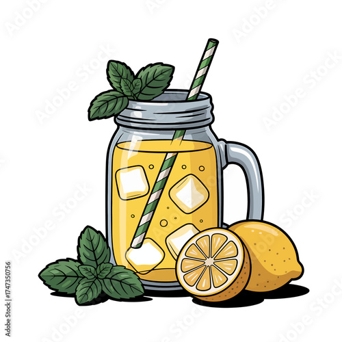 Refreshing lemonade in a mason jar with mint and lemons drink beverage