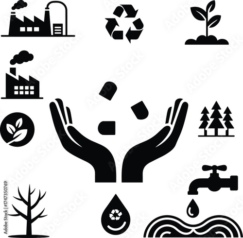 Eco friendly environment conservation silhouette illustration with factory pollution, recycling, water saving, tree planting, green energy, climate change protection, sustainable nature