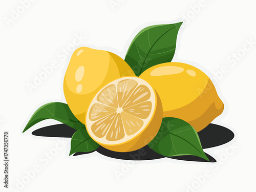 Fresh lemons with green leaves and shadows ready for citrus juice and zest