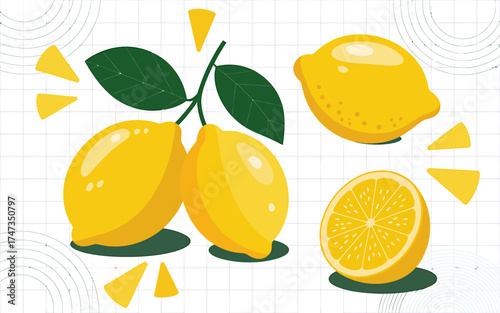 Fresh yellow lemons with green leaves and slices fruit nature citrus citrus fruit refreshing
