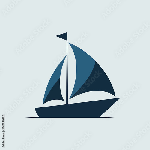 Minimalist sailing boat logo design featuring dark blue sails and hull with a tiny flag