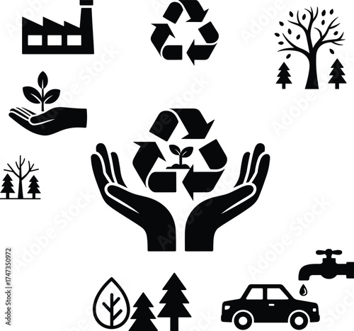 Eco friendly recycling environment conservation vector illustration showing green energy, clean water, sustainable resources, pollution control, tree planting and nature protection