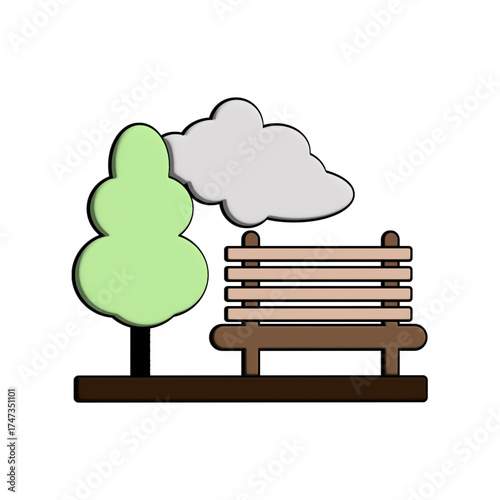 3D Wooden bench sits peacefully beside a green tree under a cloudy sky in a quiet park, creating a serene and relaxing atmosphere for contemplation.