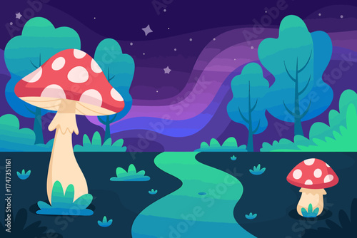 Whimsical enchanted forest landscape with magical mushrooms and starry night sky