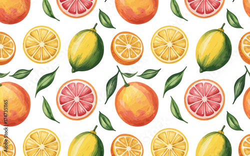 Vibrant watercolor citrus fruit pattern fresh orange lemon grapefruit and leaves seamless design