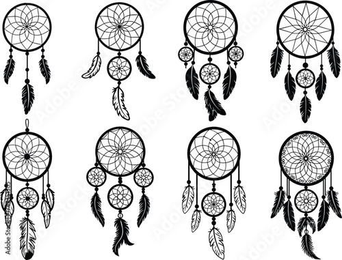 Eight detailed dreamcatcher black silhouettes with feathers and beads, tribal spiritual vector illustration for bohemian decoration, protection, and design artwork.