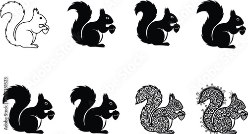 Eight creative squirrel black silhouettes holding acorns, vector illustration showing cute forest animal designs with ornamental and decorative styles.