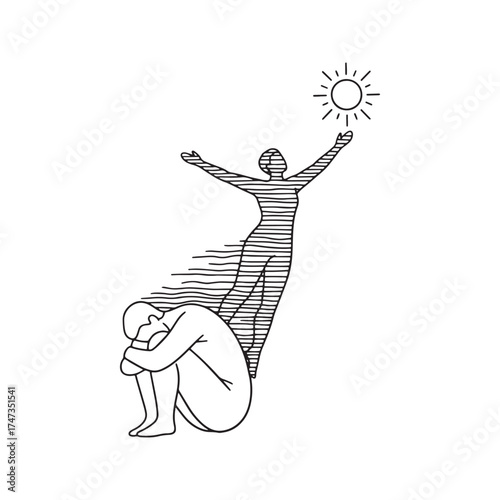 Abstract conceptual drawing of overcoming depression and finding hope. A spirit with wavy lines emerges from a sad, huddled person, reaching for the sun, symbolizing healing, mental health, and spirit