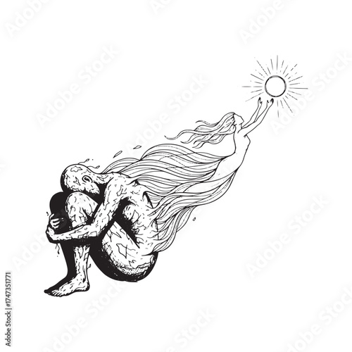 Abstract conceptual drawing of overcoming depression and finding hope. A spirit with wavy lines emerges from a sad, huddled person, reaching for the sun, symbolizing healing, mental health, and spirit