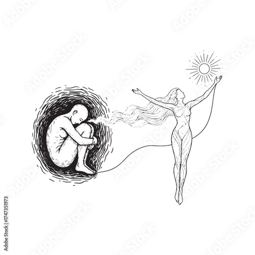 Abstract conceptual drawing of overcoming depression and finding hope. A spirit with wavy lines emerges from a sad, huddled person, reaching for the sun, symbolizing healing, mental health, and spirit