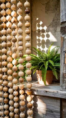 Decorative door beads and lush potted fern brighten up a cozy indoor space with natural textures and shadows in warm afternoon light