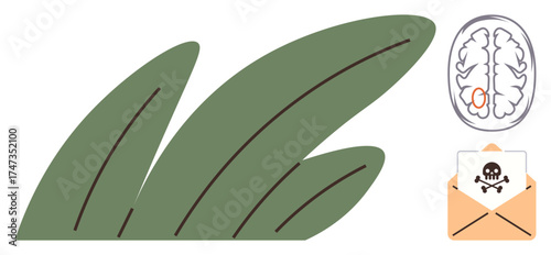 Green leaves symbolizing nature and health alongside a brain diagram and toxic email. Ideal for science, environment, danger, communication, awareness, education, simple flat metaphor