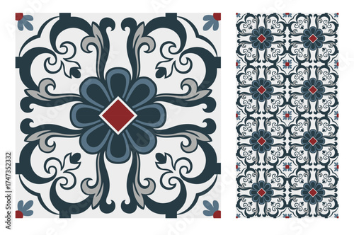 This image presents a stylish floral pattern in red and blue tones, which adds a touch of elegance and beauty to any artistic project or setting.