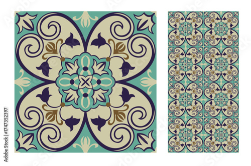 This captivating tile pattern features elegant floral motifs in soothing teal and cream tones, combining classical elements with a modern aesthetic for timeless appeal.