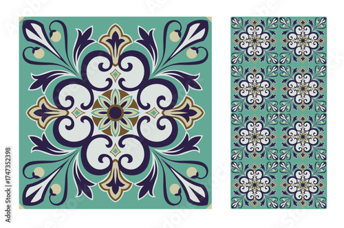 This stunning baroque floral motif in teal and gold creates a captivating and regal appearance, ideal for luxurious home decor or art applications with a classic touch.