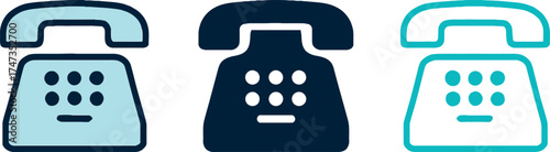 Three different color telephone icons representing communication and retro technology for business and connection purposes