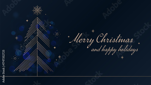 Elegant Christmas greeting card with golden line Christmas tree, sparkling stars on dark blue background