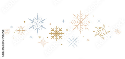 Christmas Border with delicate golden and blue snowflakes and stars
