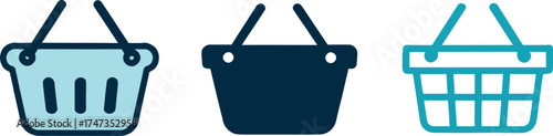Three shopping basket icons in varying colors symbolizing choice and consumerism isolated on white background