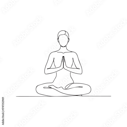 Abstract person meditating in lotus pose, continuous one line drawing. Simple vector illustration for yoga studio logo, wellness icon, and spiritual design.

