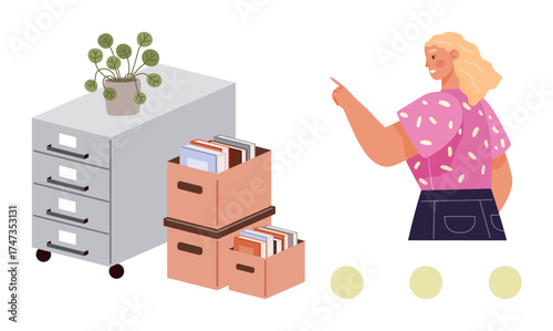 Woman pointing at file cabinet with potted plant and stacked document boxes. Ideal for office organization, storage, moving, workplace trends, productivity, decluttering, simple flat metaphor