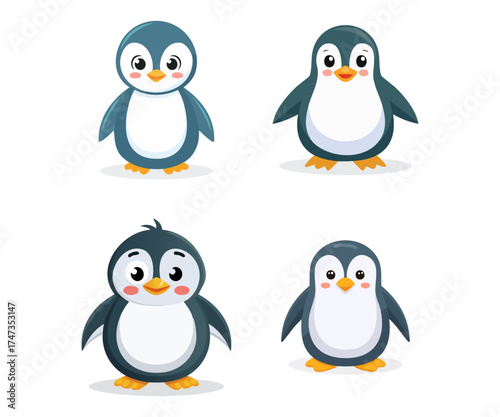 Collection of four adorable cartoon penguins with big eyes and orange beaks, standing in various cute poses.