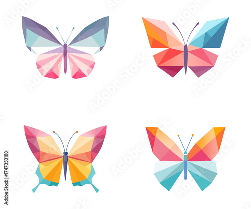 Geometric illustration of four colorful butterflies with polygonal wings, artistic and modern design.