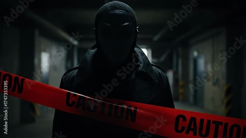 A mysterious figure stands behind caution tape in a dark setting.