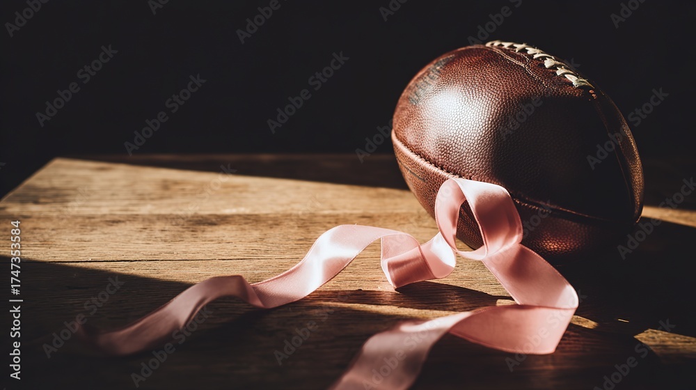 Fototapeta premium Scuffed Leather Football with Pink Satin Ribbon on Dark Floor, Ideal for Event Posters and Gym Onboarding