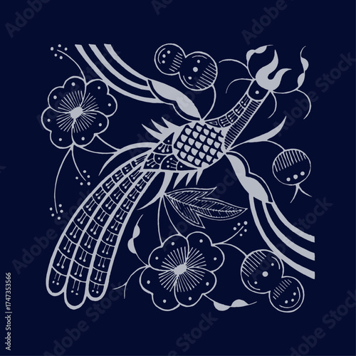 This exquisite design showcases a mythical creature interwoven with beautiful floral patterns, embodying the fusion of imagination and natural beauty in colorful artistry and symbolism.
